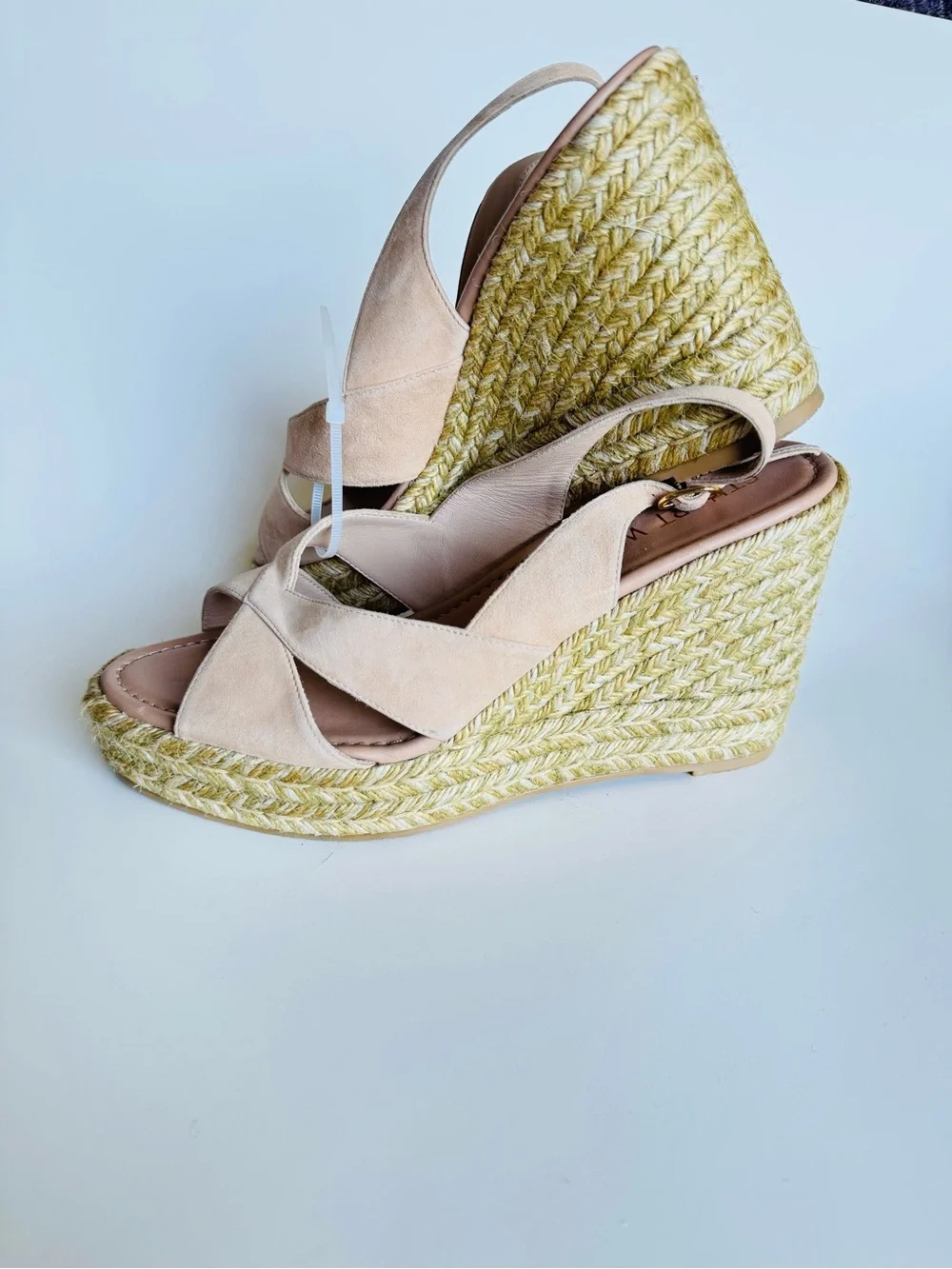 Stuart Weitzman Blush Suede Espadrille Wedge Sandals
